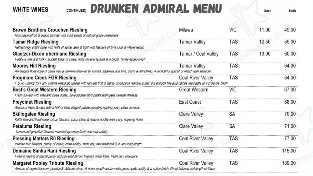 Drunken Admiral Menu