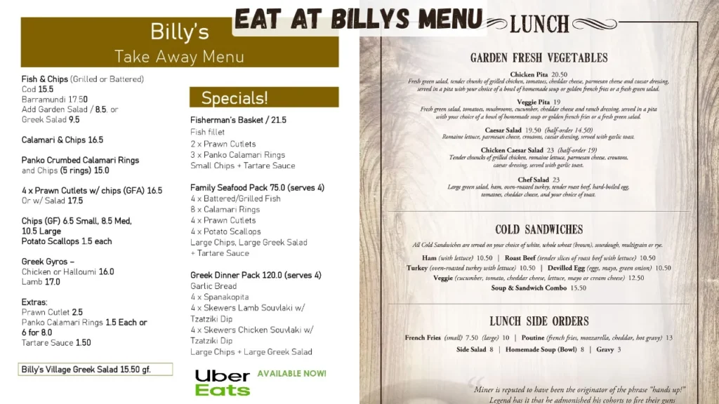 Eat at Billys Menu