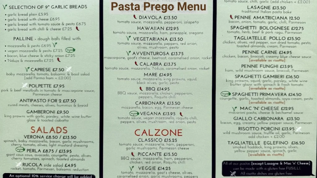 Pasta Prego Menu