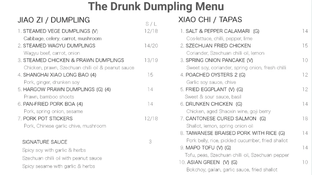 The Drunk Dumpling Menu