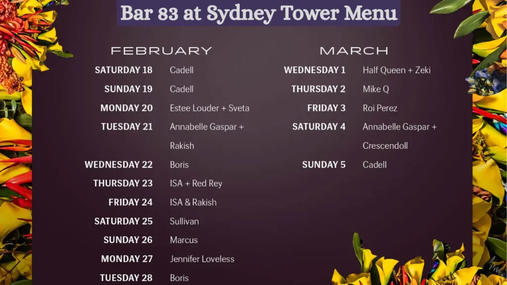 Bar 83 at Sydney Tower Menu
