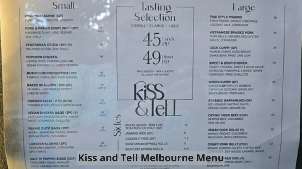 Kiss and Tell Melbourne Menu