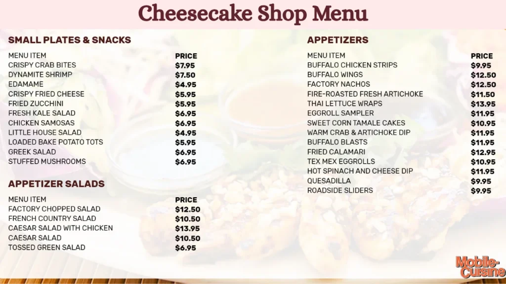 Cheesecake Shop Menu
